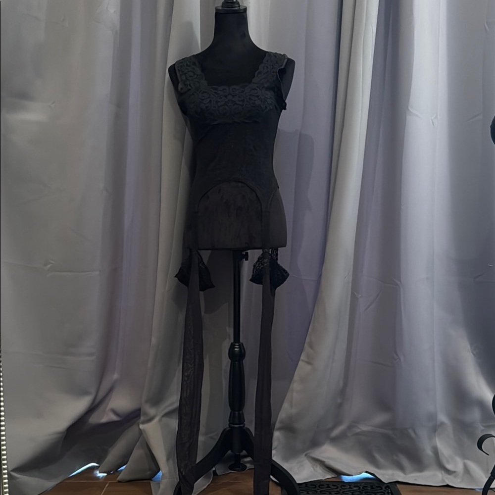 VICTORIA’S SECRET Elegant Black Lace one-piece lingerie with attached stockings